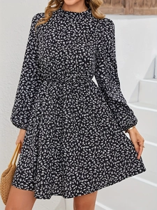 Elegant Mock Neck Long Sleeve Floral Print A-Line Dress Women Elastic Waist Lantern Sleeve Chiffon Pullover Mini Dress