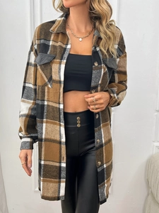 Women's plaid long shirt jacket with black faux leather collar and pocket details