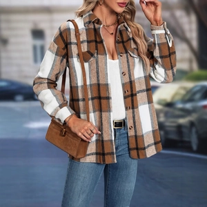 Brown and white plaid flannel jacket with chest pockets for women casual autumn wear