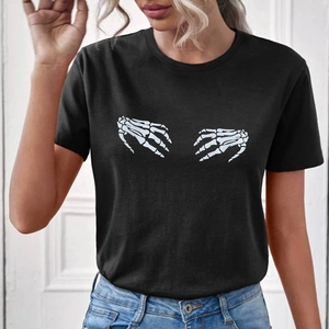 Women's Casual Cotton Blend T-Shirt With Skeleton Hand Print Gothic Round Neck Short Sleeve Top For Summer Party Daily Wear