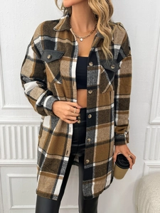 Women's plaid mid-length coat featuring contrast flap pockets and a relaxed fit design