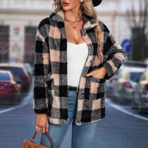 Women's plaid flannel jacket with large lapels and plush texture for winter style