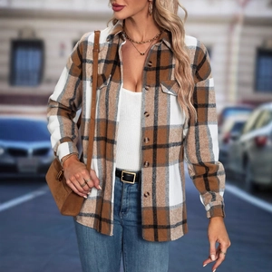 Women's plaid button-down shacket with drop shoulders and large flap pockets in brown