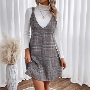 Women Vintage V Neck Plaid Pinafore Dress Sleeveless Tweed Checkered Mini Dress For Casual Office Fashion Elegant Outfit