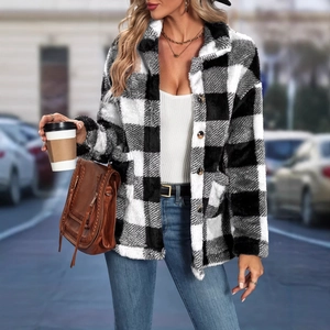 Women's black and white checkered plaid fleece jacket with lapel and button closure