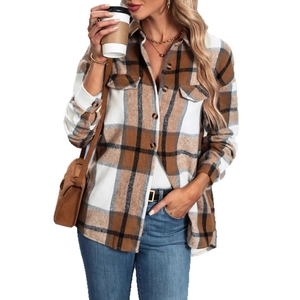 Women's plaid button-down jacket with chest pockets for fall and winter casual style