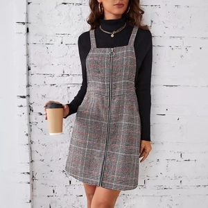 Robe Chasuble Rétro à Carreaux pour Femmes Sans Manches Fermeture Éclair Avant Jupe Droite Courte Avec Poches Automne Hiver