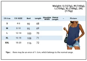 Size chart for women's sleeveless square neck tank top with US sizes and measurements