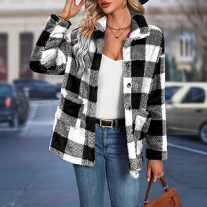 Women's plaid flannel jacket with black and white grid pattern and lapel collar