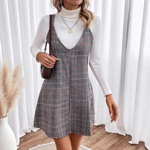 Women's V-neck plaid pinafore dress set with white high-neck ribbed long sleeve sweater