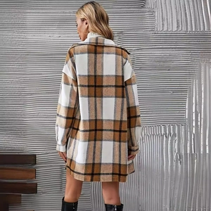 Women's plaid shacket in brown and black wool-blend with an oversized back silhouette