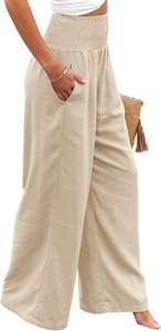 Detail of high waisted smocked elastic waist and side pockets on beige wide leg pants