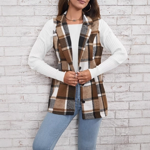 Classic plaid sleeveless blazer vest with lapel collar paired with a white knit sweater