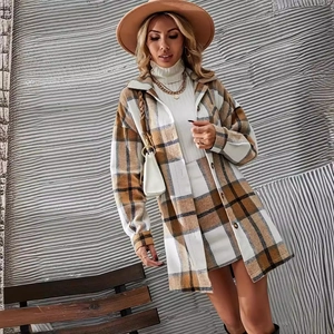 Women's plaid jacket and mini skirt set in autumn brown and white wool blend
