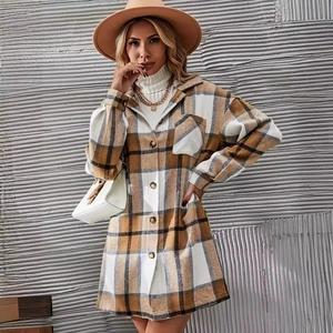 Women's plaid midi shirt jacket with chest pocket and classic collar in brown and black