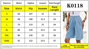 Size guide for women's linen cotton shorts with waist, hipline, and length measurements