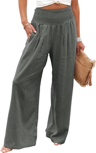 Detail of high waisted wide leg trousers with a smocked elastic waistband in dark grey green