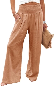 Detail of high waist pleated elastic waistband on brown wide-leg cotton linen trousers