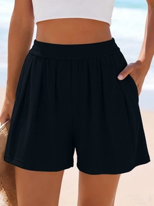 Short décontracté noir à taille haute nervurée avec poches latérales pour femmes