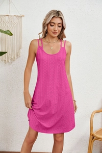 Detail of rose pink sleeveless summer dress with hollow out textured embroidery fabric