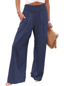 Women's high waist wide leg cotton linen trousers in deep prussian blue for casual style