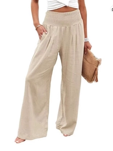 Beige high waisted wide leg cotton linen trousers with elastic waist and pockets