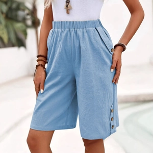 Women's Casual Cotton Linen Shorts High Waist Elastic Wide Leg Summer Pants With Buttons Pockets Solid Color Straight Fit