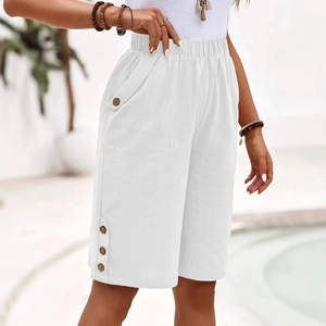 Women's summer white linen shorts with high elastic waist and decorative wood buttons