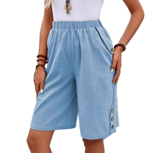 Women's light blue cotton linen high waist casual shorts with decorative wood buttons