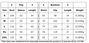 Detailed size chart for women's long sleeve shirt and shorts set showing S-2XL dimensions