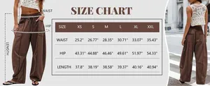 Size chart for women's wide leg casual pants showing waist, hip, and length measurements