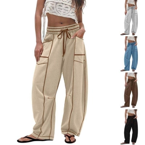 Women's loose wide leg drawstring cargo pants with contrast stitching and pockets