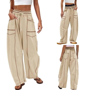 Women casual high waist wide leg pants with contrast stitching and cargo pockets