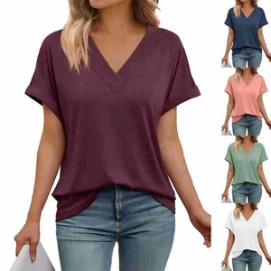 Detail view of women's V-neck T-shirt with rolled sleeves in five assorted colors