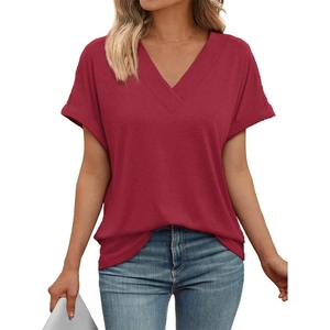 Detail showing rolled cuffs and V-neck design on this deep red short sleeve T-shirt