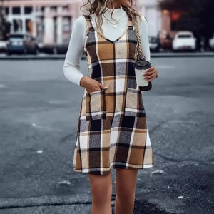Damen Lässiges Karo Trägerkleid V Ausschnitt Ärmellos Tweed Jumper Kleid Mit Taschen Retro Herbst Winter Mode Minikleid