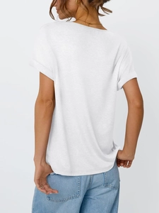 Rear view of white V-neck cotton T-shirt featuring refined rolled cuffs and casual fit