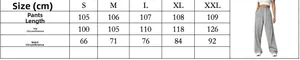 Size chart for women's high-waisted wide-leg sweatpants in gray featuring drawstrings