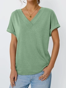 Women's casual loose fit V-neck short sleeve t-shirt in light green with rolled cuffs