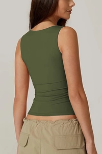 Detailed side view of dark olive green slim fit sleeveless top with ribbed texture