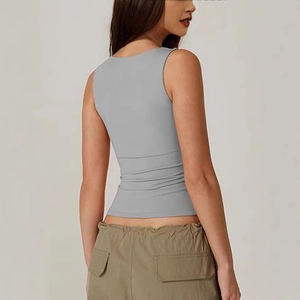 Slim fit light gray square neck tank top for women featuring a minimalist backless design