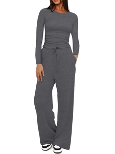 Ensemble détente femme haut manches longues et pantalon large gris à cordon de serrage