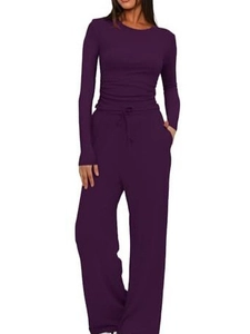 Ensemble Haut Et Bas Décontracté Couleur Unie Manches Longues Pour Femmes Taille Haute Pantalon Large Survêtement Polyester