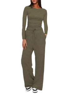 Ensemble détente femme vert armée avec haut côtelé manches longues et pantalon