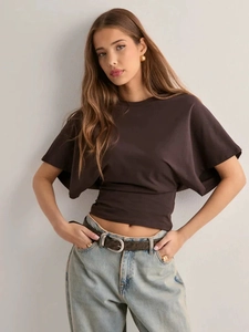Women's deep brown short sleeve crewneck top with batwing sleeves and slim waist