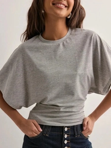Chic grey short sleeve crewneck T-shirt with cinched waist and batwing sleeves
