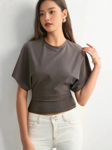 Slim fit dark grey crew neck short sleeve T-shirt with ruched waist detail for women