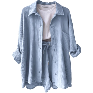 Damen 3-teiliges Lounge-Set in Hellblau mit Langarmhemd und Shorts mit Kordelzug
