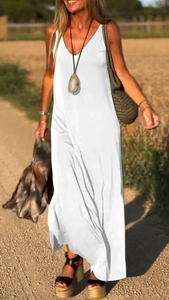 Elegante abito lungo bianco senza maniche con scollo a V da donna in stile estivo arioso