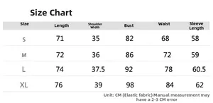 Detailed size chart for women's slim fit bodysuit with S to XL measurements in CM